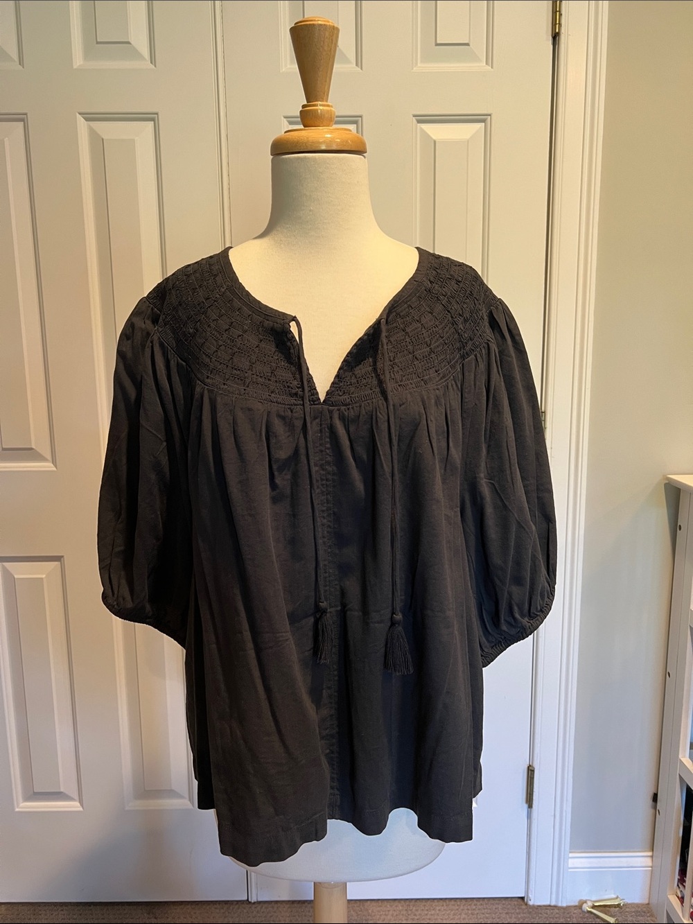 Old Navy Black Peasant Blouse with Smocked Yoke